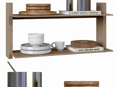 Dinnerware Set with Wooden Plates Metal Canisters White Cups and Plates on Wooden Shelf 3d model