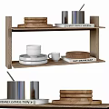 Dinnerware Set with Wooden Plates Metal Canisters White Cups and Plates on Wooden Shelf