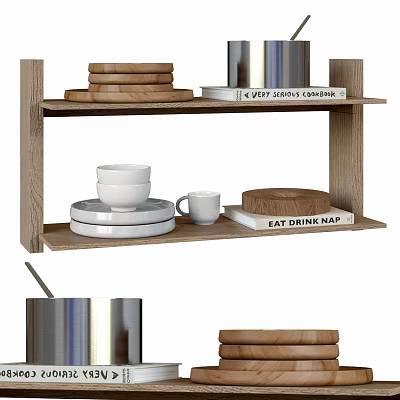 Dinnerware Set with Wooden Plates Metal Canisters White Cups and Plates on Wooden Shelf 3d model