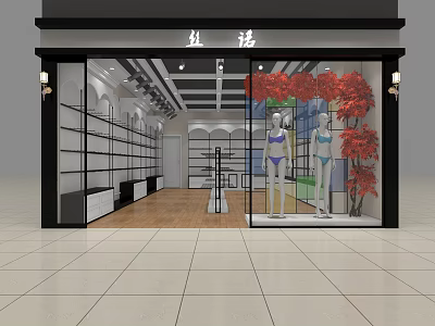 Fashion Clothing Store Interior With Window Display Mannequins Red Trees And Shelves 3d model