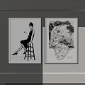 Black and White Framed Portrait Paintings of Women Sitting on Bar Stool and by Window with Foliage
