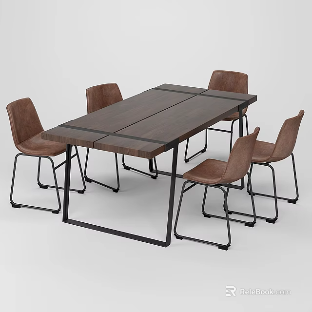 Modern Rectangular Wooden Dining Table With Six Leather Chairs And Metal Legs 3d model 
