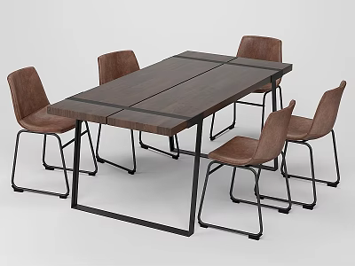 Modern Rectangular Wooden Dining Table With Six Leather Chairs And Metal Legs 3d model