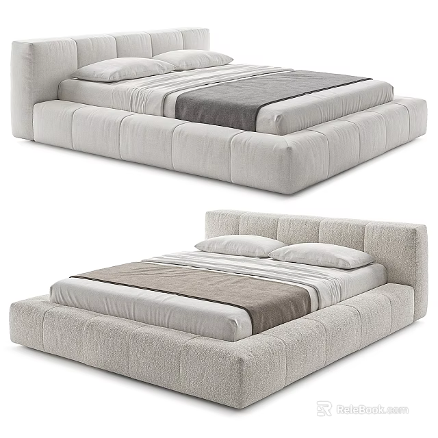 Modern Low Profile Upholstered Double Bed With Light Fabric Frame And Pillows 3d model 
