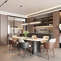 Modern Restaurant Interior Design With Marble Dining Table Mixed Chairs Pendant Lights And Open Kitchen 3d model
