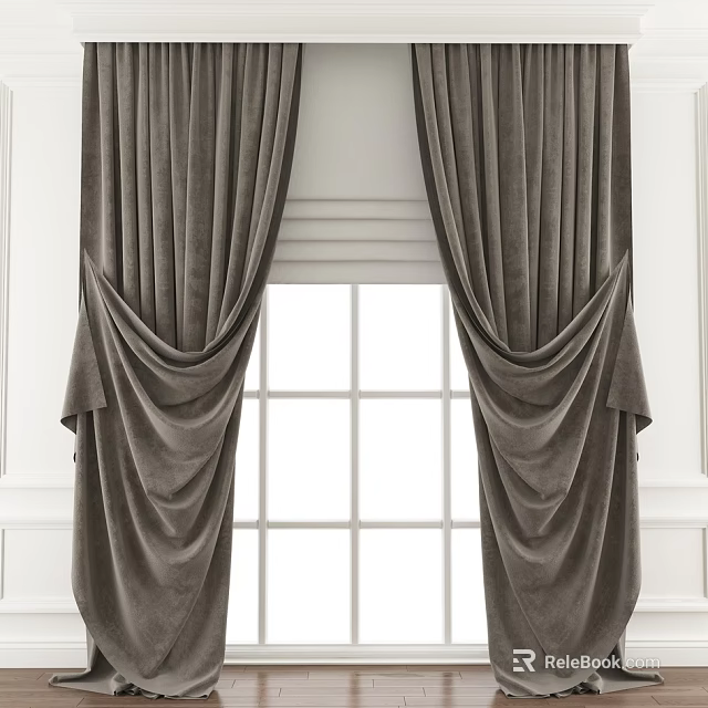 Elegant Velvet Dark Gray Curtains with Draped Pleats on White Grid Window Frame 3d model 