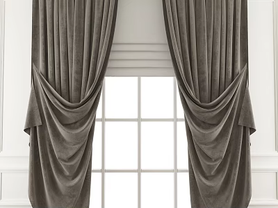 Elegant Velvet Dark Gray Curtains with Draped Pleats on White Grid Window Frame 3d model