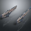 Two Futuristic Metallic Weapons With Sleek Silver Gray And Blue Design 3d model