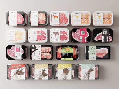 Fresh Packaged Meat Products With Various Types And Labeled Retail Packaging 3d model