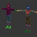 Two Animated Characters In Purple Hoodie And Black Spider Suit Holding Hands With Outstretched Arms