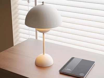 Modern Minimalist White Table Lamp On Wooden Desk With Notebook And Window Blinds 3d model