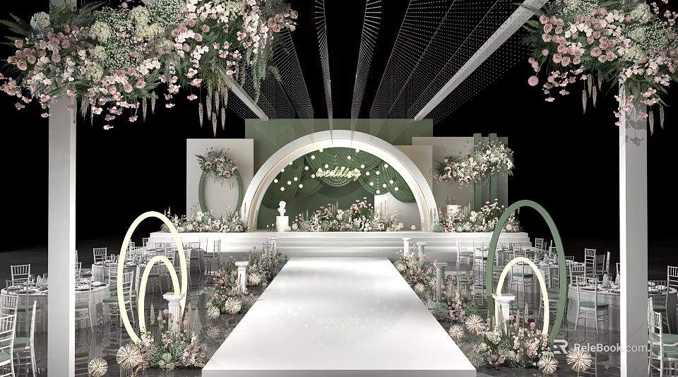 Wedding Banquet Hall With Green White Floral Decorations White Aisle And Arch Decor 3d model 