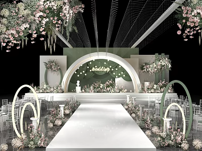 Wedding Banquet Hall With Green White Floral Decorations White Aisle And Arch Decor 3d model