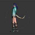 Stylish Game Movie Character With Blue Hair Green Sweater Black Skirt And Leather Boots