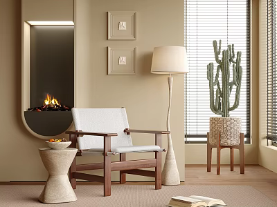 Cozy Leisure Chair In Beige Living Room With Fireplace Framed Pictures Floor Lamp And Cactus 3d model