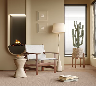Cozy Leisure Chair In Beige Living Room With Fireplace Framed Pictures Floor Lamp And Cactus 3d model