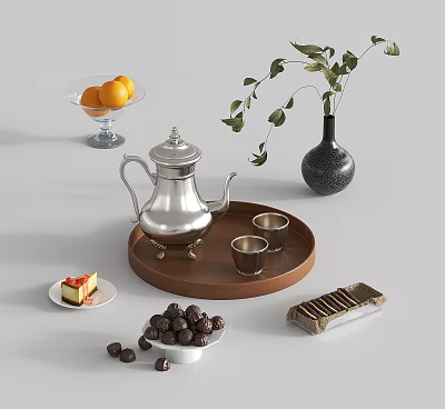 Stylish Tea Set with Silver Teapot Wooden Tray Small Cups Desserts Fruits and Green Leaves 3d model