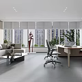 Modern Office Interior Design with Large Windows City View Sofa Coffee Table and Office Desk