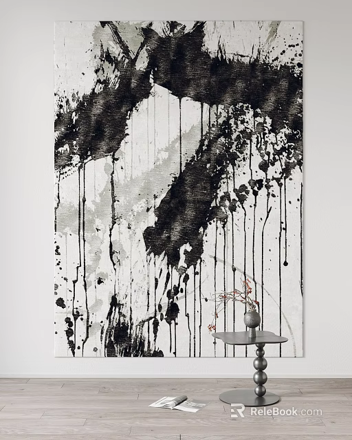 Black And White Abstract Ink Wall Decor With Dripping Effect And Small Table 3d model 