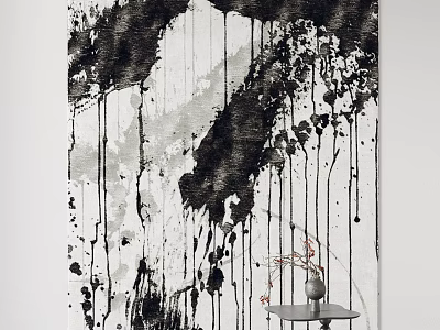 Black And White Abstract Ink Wall Decor With Dripping Effect And Small Table 3d model
