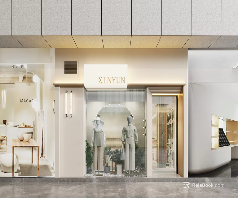Xinyun Modern Milk Tea Shop Exterior With Glass Door Green Plants And Window 3d model 