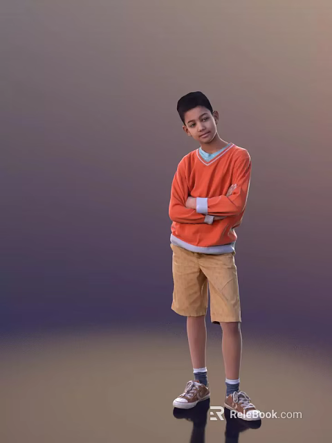 Young Boy In Orange Sweater With White Cuffs And Khaki Shorts Standing With Arms Crossed 3d model 