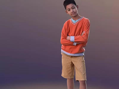 Young Boy In Orange Sweater With White Cuffs And Khaki Shorts Standing With Arms Crossed 3d model