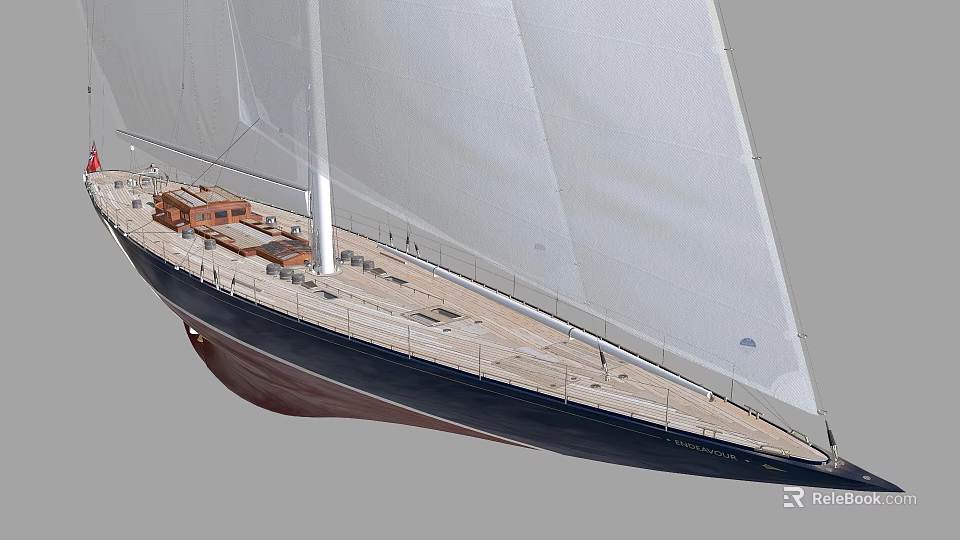 Classic Wooden Sailboat With White Sails Tall Mast Wooden Deck And Dark Blue Hull 3d model 