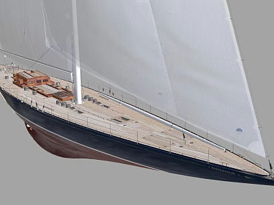 Classic Wooden Sailboat With White Sails Tall Mast Wooden Deck And Dark Blue Hull 3d model