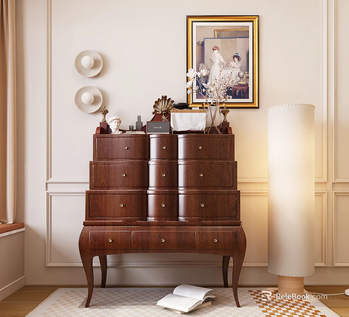 Wooden Console Cabinet With Drawers Decorated By Vase Painting And Wall Hats 3d model 