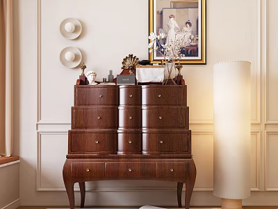 Wooden Console Cabinet With Drawers Decorated By Vase Painting And Wall Hats 3d model