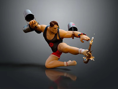 Muscular Man In Black Tank Top Red Shorts With Metal Buckets Spear Dynamic Kicking Pose 3d model