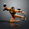 Muscular Man In Black Tank Top Red Shorts With Metal Buckets Spear Dynamic Kicking Pose