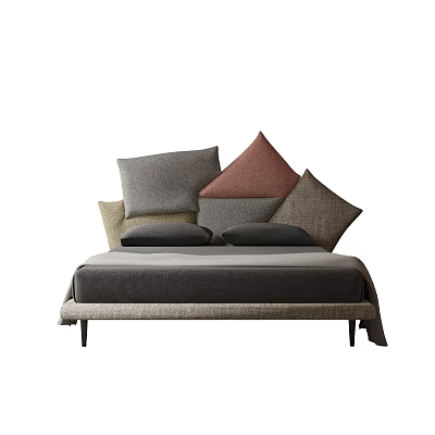 Modern Minimalist Double Bed with Upholstered Headboard and Multiple Colorful Pillows 3d model