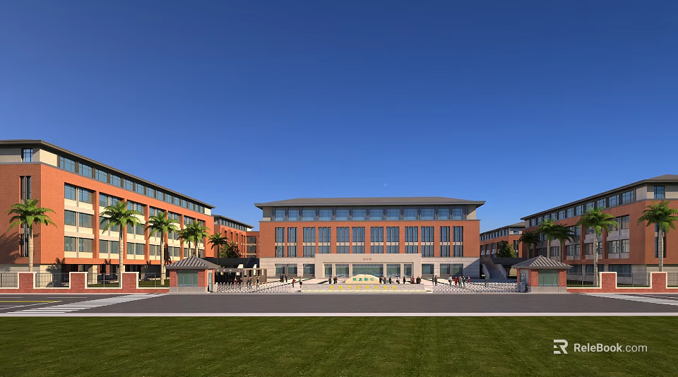 Multi Story Red Brick School Building With Front Plaza Green Lawn And Palm Trees 3d model 