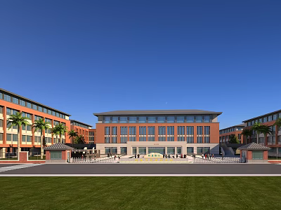 Multi Story Red Brick School Building With Front Plaza Green Lawn And Palm Trees 3d model