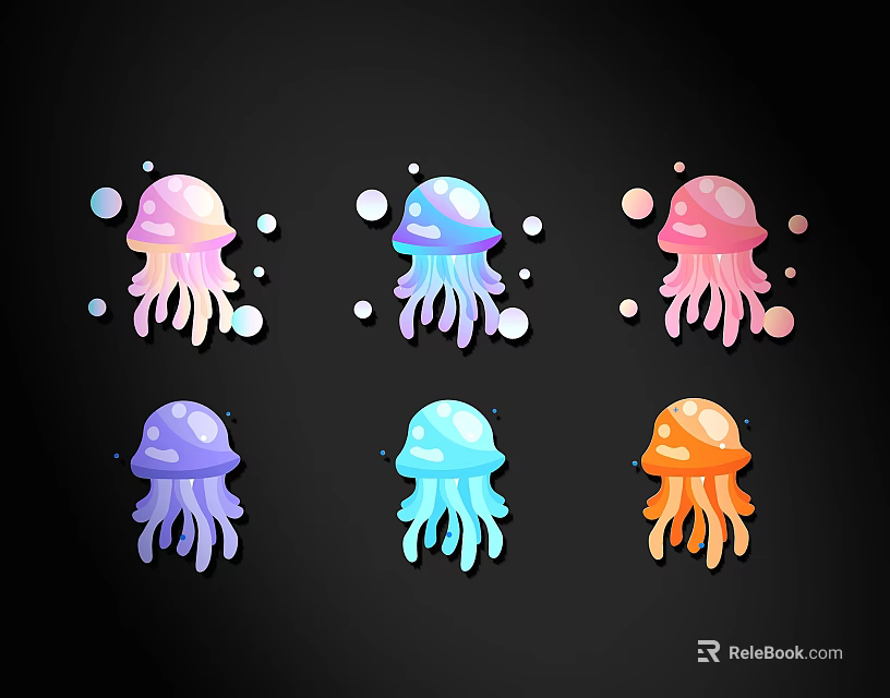 Colorful Jellyfish Wall Decor with Various Colored Bubbles on Black Background 3d model