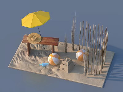 Scenic Beach Scenery With Yellow Umbrella Wooden Bench Straw Hat Beach Balls And Sandcastle 3d model
