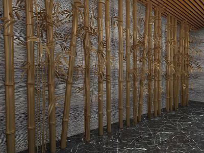 Elegant Background Wall With Gold Bamboo Decor And Textured Surface 3d model