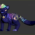 Vibrant Fantasy Creature With Blue Body Neon Stripes Green Head Yellow Eyes And Star Collar