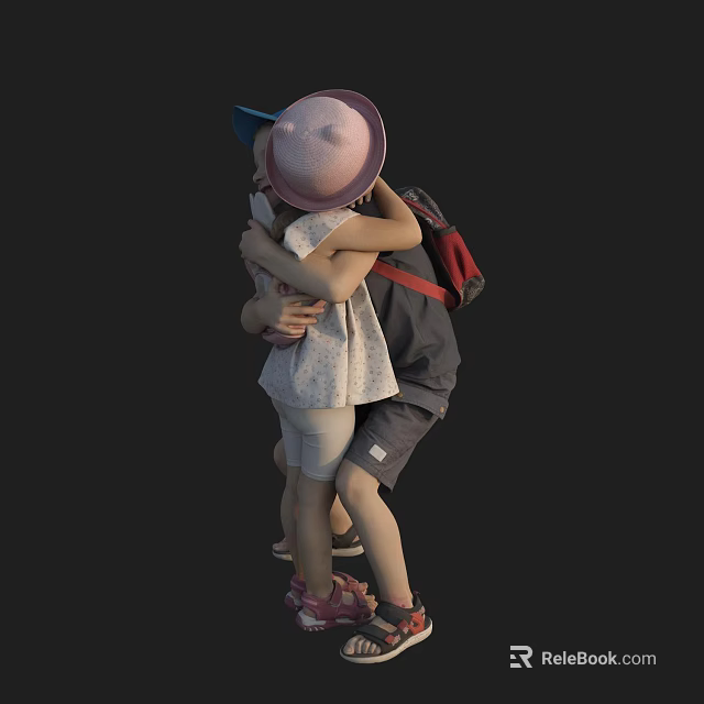 Two Kids Hugging With Pink Hat Red Backpack and White Dress 3d model 