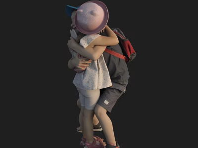 Two Kids Hugging With Pink Hat Red Backpack and White Dress 3d model
