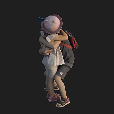 Two Kids Hugging With Pink Hat Red Backpack and White Dress 3d model