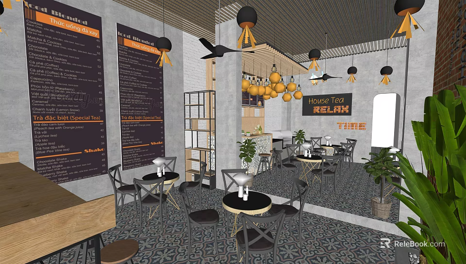 Modern Cafe Interior With Hanging Pendants Ceiling Fans Relax Thrive Signs Tables Chairs and Plants 3d model 