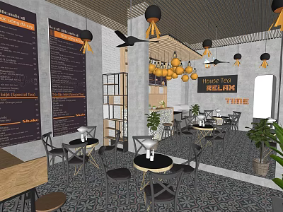 Modern Cafe Interior With Hanging Pendants Ceiling Fans Relax Thrive Signs Tables Chairs and Plants 3d model