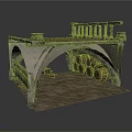 Stone Arch Architectural Structure with Decorative Railing On Top and Stacked Round Logs Below 3d model