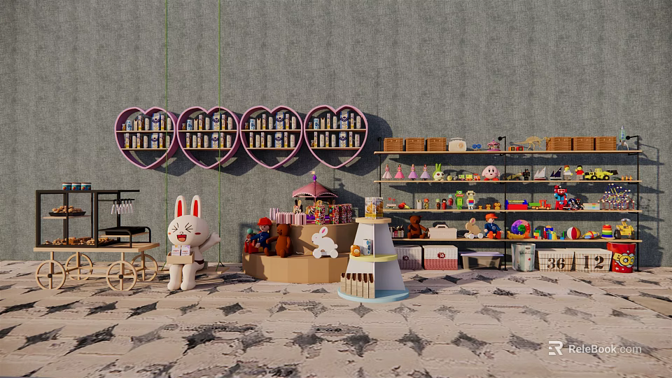 Cute Rabbit Stuffed Dolls and Various Toys on Shelves with Heart Shaped Wall Decor 3d model 