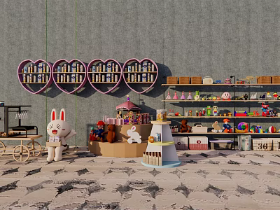 Cute Rabbit Stuffed Dolls and Various Toys on Shelves with Heart Shaped Wall Decor 3d model