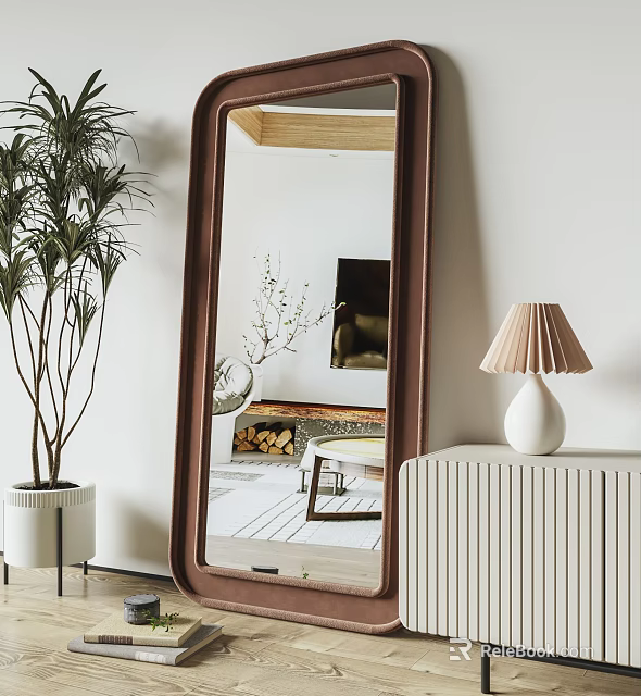 Wooden Frame Mirror In Modern Living Room With Plant Lamp And Cabinet 3d model 