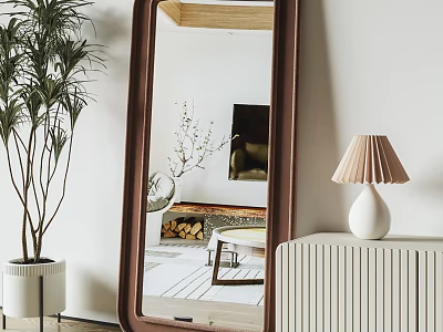 Wooden Frame Mirror In Modern Living Room With Plant Lamp And Cabinet 3d model